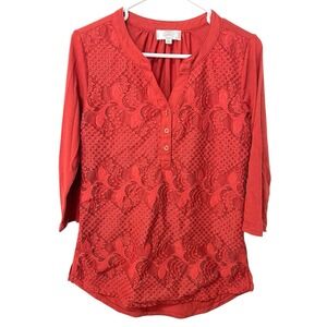 *Shannon Ford New York Small Red Crochet Lace Front 3/4 Sleeve Tunic‎ Casual